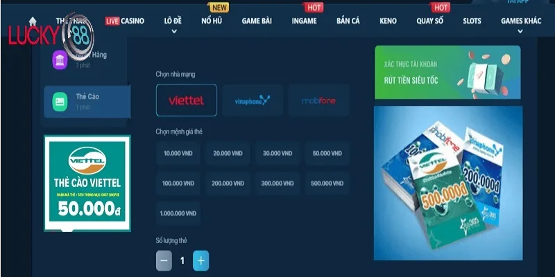 Nạp tiền LUCKY88 qua thẻ cào Nạp tiền LUCKY88 qua thẻ cào